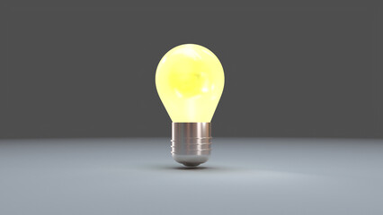 Yellow light bulb icon isolated on gray background 3D render. transparent glass light bulb. Creativity idea, business success, strategy concept 3D realistic.