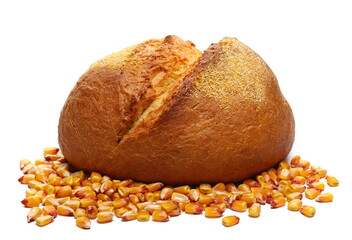 Fresh baked corn bread with ground grain and grains of corn isolated on white