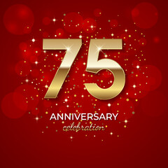 75th Anniversary. Golden number 75 with sparkling confetti and glitter for celebration events, weddings, invitations and greeting cards. Realistic 3d sign. Vector festive illustration - obrazy, fototapety, plakaty