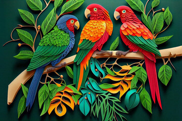 Three Colorful Birds Sitting on Branch in Tropical Jungle