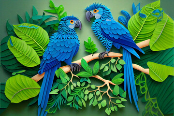 Two Colorful Spix Macaw Sitting on Branch in Tropical Jungle