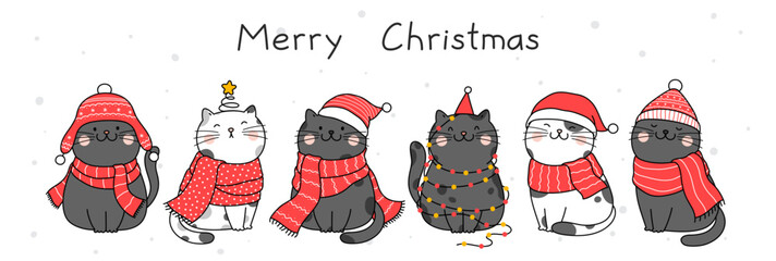 Cute hand drawn illustration character design with cats for christmas and new year.