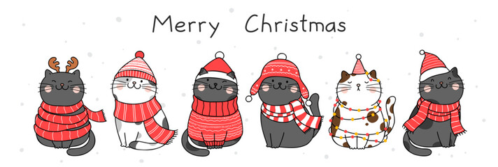 Hand drawn vector illustration character cute cat for Christmas and New Year.