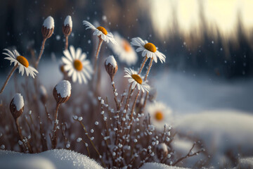 illustration of  blossom white daisy covered with snow, snow fall,