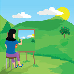 Fototapeta premium female artist draws a picture of nature