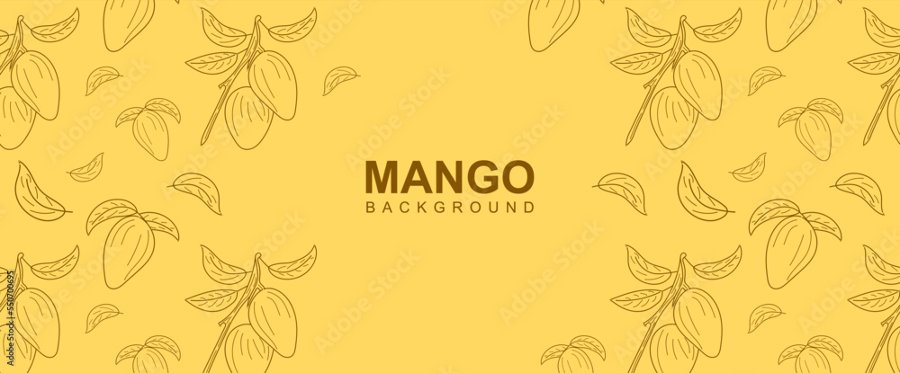 Poster mango frame in linear style. background mango with leaves in copy space. fruit vector illustration. 