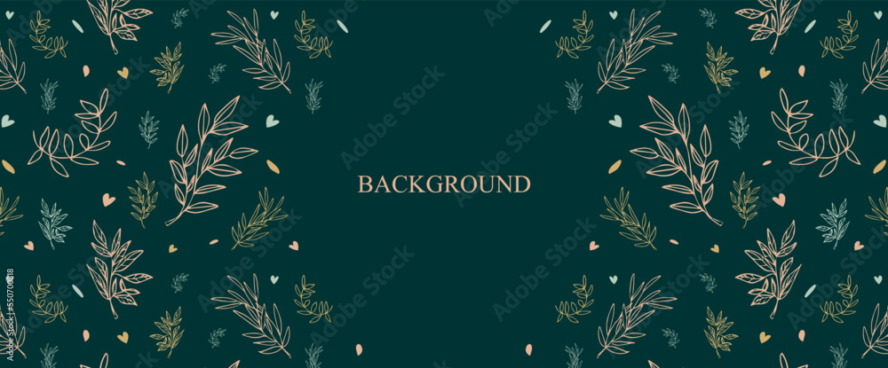 Poster botanical leaves frame in linear style. botanical leaves background in delicate colors in copy space