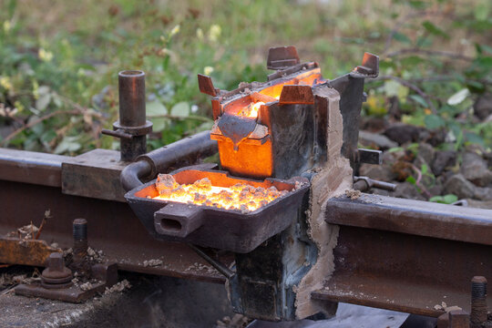 welding rails together on the railroad track with special process