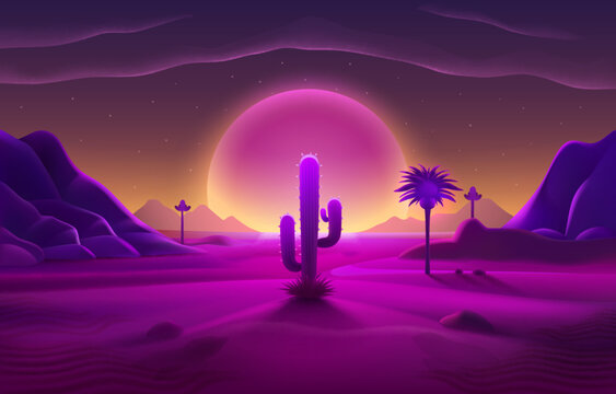 Retro wave Desert neon cover with oasis and palm trees. Nature background. Vector illustration