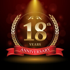 18th Anniversary. Anniversary Logo Design with Laurel Wreath and Red Ribbon for Celebration Event, Wedding, Invitation, Greeting Card. Logo Vector Illustration