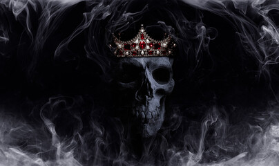 Scary grunge skull wallpaper. Mystical smoke background with free space for text. Fabulous golden crown of the king.