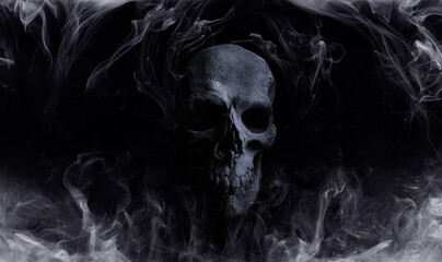 Scary grunge skull wallpaper. Mystical smoke background with free space for text. Horizontal banner...