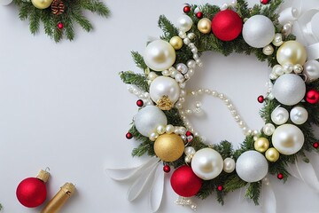 Luxury Christmas wreath with red, golden, pearl christmas toys, ribbons, stars, pine isolated on white background