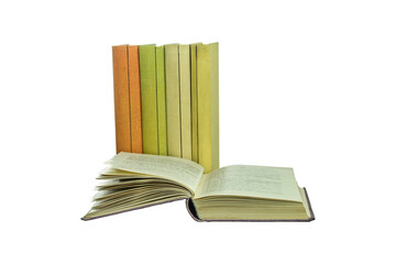 a book open for reading and some new books in the background. Isolated on white background