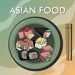 A set of Japanese dishes consisting of sushi rolls fish rice on a plate