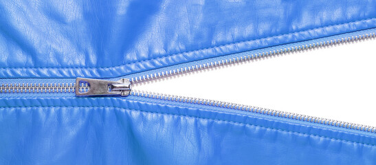 Blue leather texture and open metal zipper isolated on white background. Business background, banner, header, mockup with copy space. Top view, flat lay. Sale, shopping, discount concept © katyamaximenko