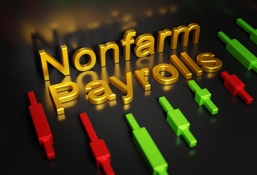 Nonfarm payrolls, nfp sign against the background of Japanese candlesticks, 3d rendering