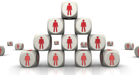 Teamwork concept. White cubes with red symbols of people are stacked in the shape of a pyramid. 3D illustration