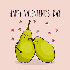 Greeting card for Valentine's Day with two pears in love. Vector illustration.