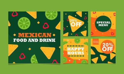 Mexican food and drink set. Collection of square banners for social networks. Promo vector illustration. Mexican restaurant. Lime, nachos, pepper