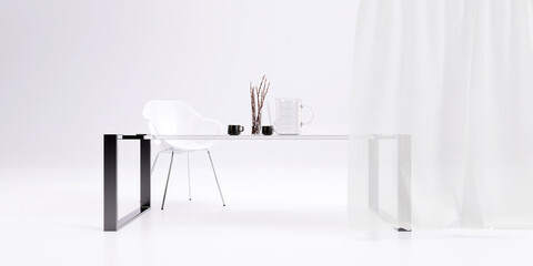white chairs and glass table 3d render