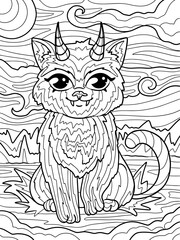 Devil Kitten, Hells Pet. Children coloring book. Freehand sketch for adult antistress coloring page with doodle and zentangle elements.