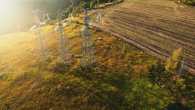 High-voltage power transmission line for electricity transmission from power station to consumer, Aerial view