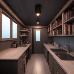 Interior room shot with bookcases of a converted shipping container home. Rustic wood design. 38 of 39