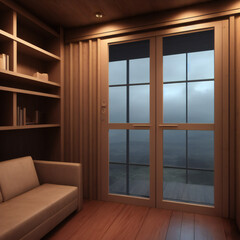 Interior room shot with bookcases of a converted shipping container home. Rustic wood design. 35 of 39