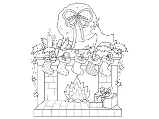 Christmas fireplace with socks and decorations. Children coloring book. Raster