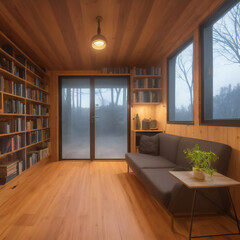 Interior room shot with bookcases of a converted shipping container home. Rustic wood design. 15 of 39