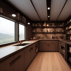Interior room shot with bookcases of a converted shipping container home. Rustic wood design. 12 of 39