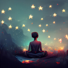Stargazing Meditation in nature consciousness awakening enlightenment, wonder, peaceful illustration stylized, yoga, practice, lotus, silhouette, pose, meditating, spiritual health (generative AI, AI)