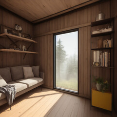 Interior room shot with bookcases of a converted shipping container home. Rustic wood design. 6 of 39