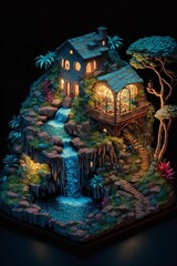 surreal tiny waterfall house isometric diorama
