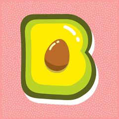 ripe avocado with pit, font abc, letter B