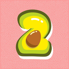 ripe avocado with pit, font abc, number 2