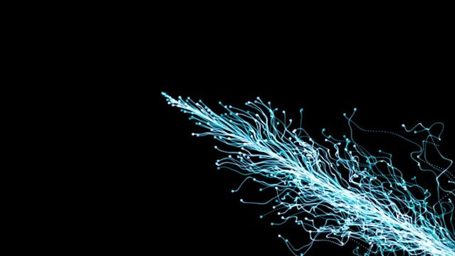 3D rendering of a line of glowing particles as the flower grows. Glowing lines and light particles on a black background. Simulation of fiber movement.
