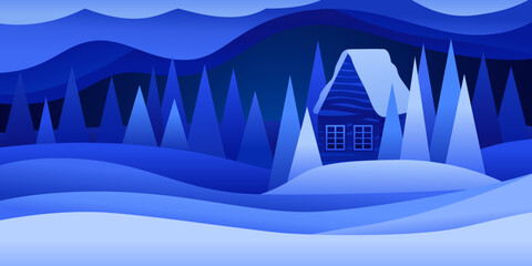 Winter landscape in paper cut effect. Vector flat illustration. Gradient effect. Lonely house with trees on nature background. Tranquility, appeasement