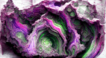 Obraz premium WaWallpaper background of natural volcanic agate stone texture. Fairburn agate mineral rock. Pure quartz marble formation art. Purple, green and white agate gemstone. Decorative rock pattern.