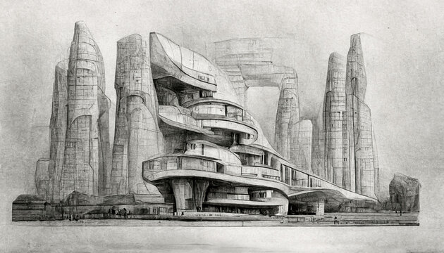 Futuristic surreal urban modern architecture pencil drawing style. Fantasy alien city.