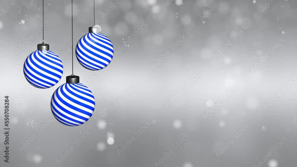 Poster blue colored loop new year rotating baubles decorations with flickering lights. copy space animation