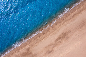 Landscape of Turkey aerial view beautiful sand beach and blue sea waves of Patara. Travel scenery concept