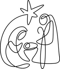 Christmas Vector Christian icon religious Nativity Scene of baby Jesus with Mary Joseph and star. Continuous art line drawing, print and logo design, emblem one single line, isolated abstract