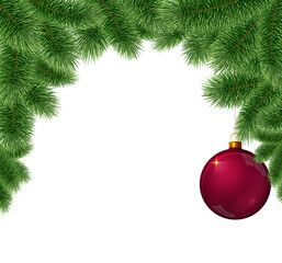 Christmas ball hanging on fir tree branch isolated.