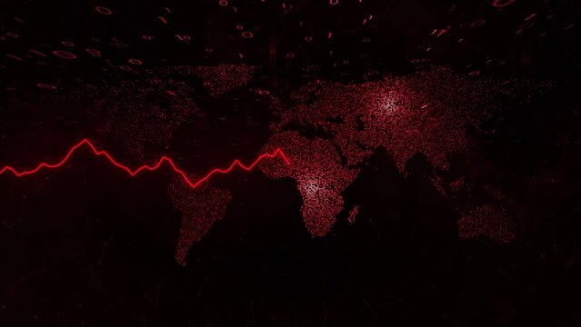 Red glowing business graphs with world map and binary code motion. Conceptual negative economy seamless looping  animation background.