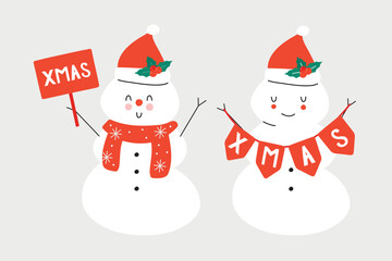 Vector hand drawn winter illustration of a snowman with a carrot and a Santa hat. Xmas. Design greeting cards, posters, gift wrapping.