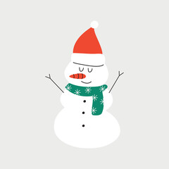 Vector hand drawn winter illustration of a snowman with a carrot and a Santa hat. Design greeting cards, posters, gift wrapping.