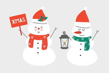 Vector hand drawn winter illustration of a snowman with a carrot and a Santa hat. Design greeting cards, posters, gift wrapping.
