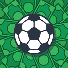Soccer ball on green bank bills football and money